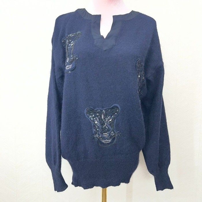 Vintage Escada Margaretha Ley Black/Blue Sequin Panther Sweater Womens Size 34